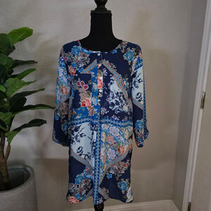 Women's Figueroa & Flower Blue Floral Patchwork Tunic Top M